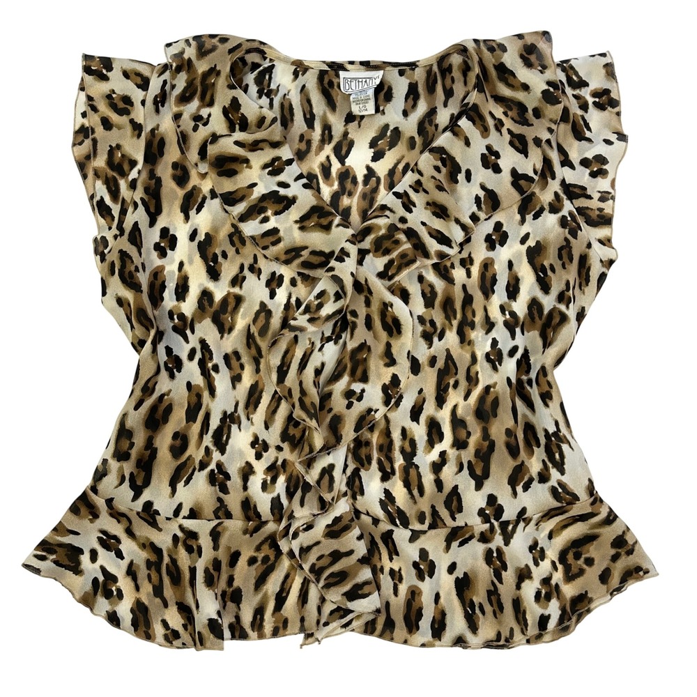 90s Bethany Leopard Print Ruffle‎ Blouse Sleeveless Top Peplum L/G